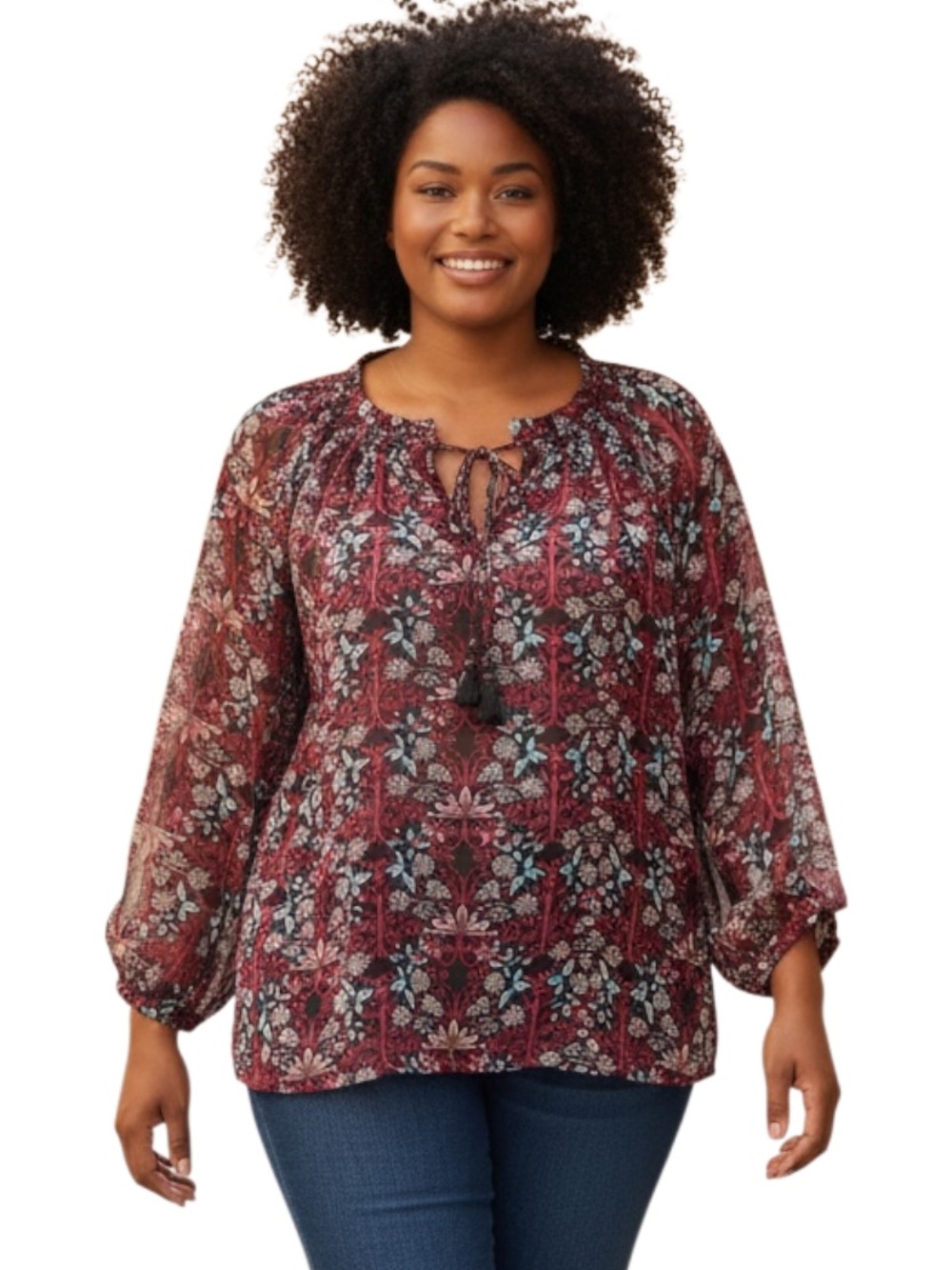 Daniel Rainn Burgundy Floral Tie-Neck Peasant Blouse